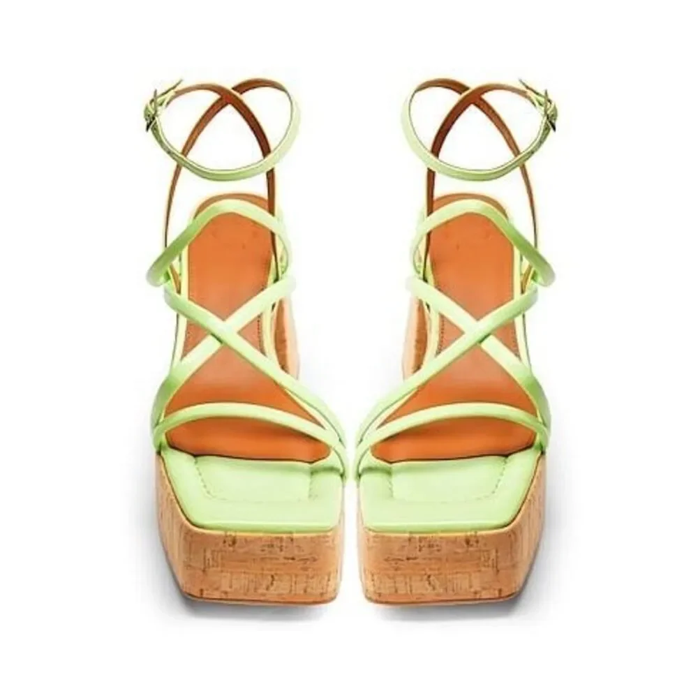 8 by YOOX CORK HEEL SANDALS Size EU 40 US 10 Acid Green - Picture 2 of 12